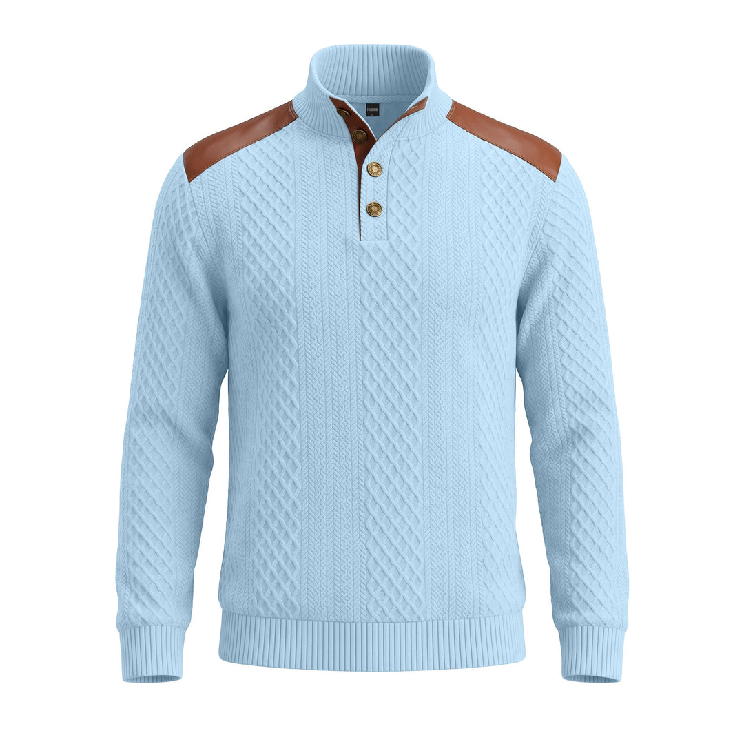 Herren Pullover mit Stehkragen, Zopfmuster und kontrastierenden Lederbesätzen EB