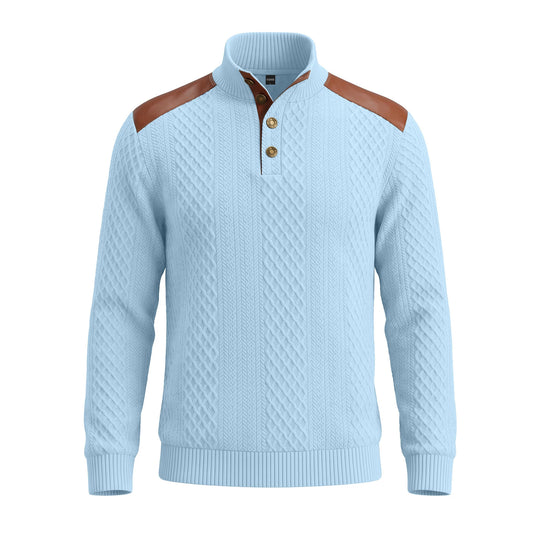 Herren Pullover mit Stehkragen, Zopfmuster und kontrastierenden Lederbesätzen EB