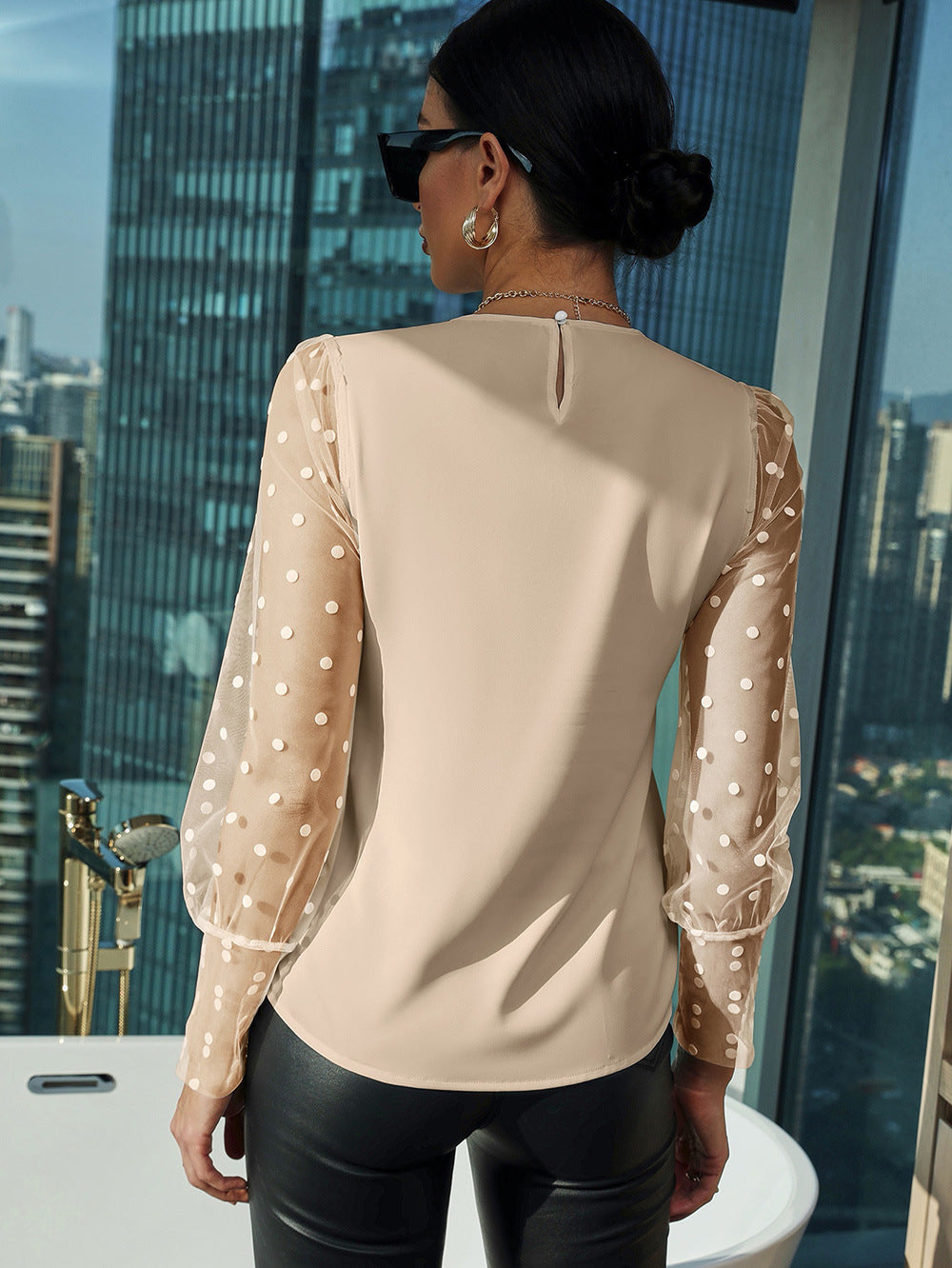 Damen Bluse mit transparenten Puffärmeln und Punkten EB