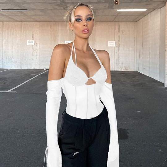 Damen Crop-Top mit transparentem Design und raffinierten Rüschenärmeln EB