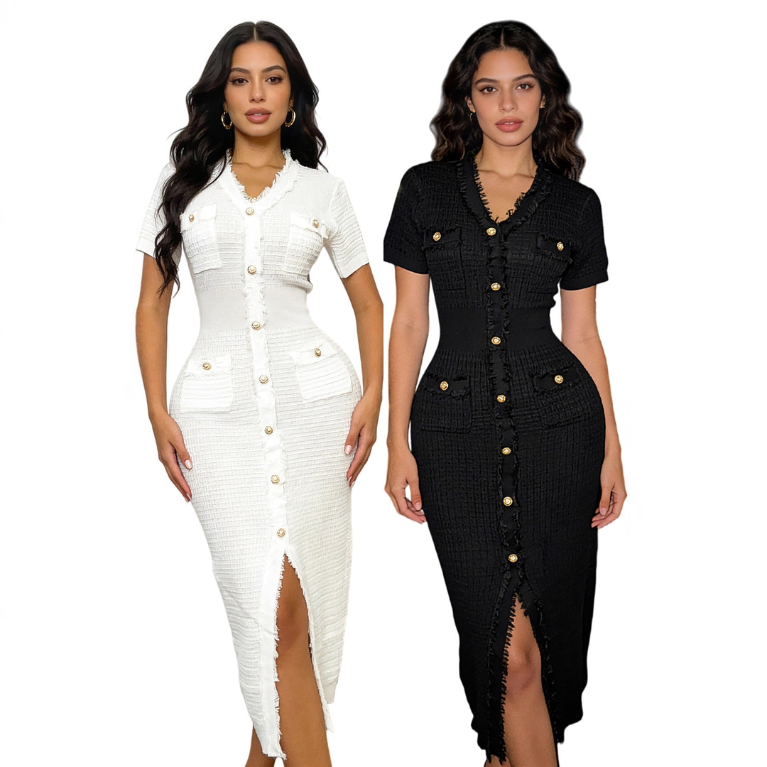 Damen elegantes Wickelkleid mit Taschen und Knopfdetails EB