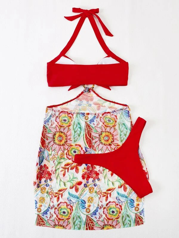 Damen Bikini-Set mit verspieltem Knotendesign und floralem Wickelrock EB