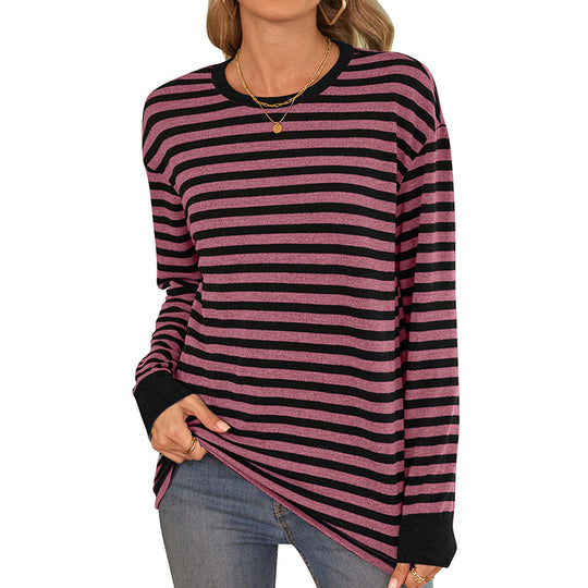 Damen bequemes Langarmshirt mit gestreiftem Design und Rundhalsausschnitt EB