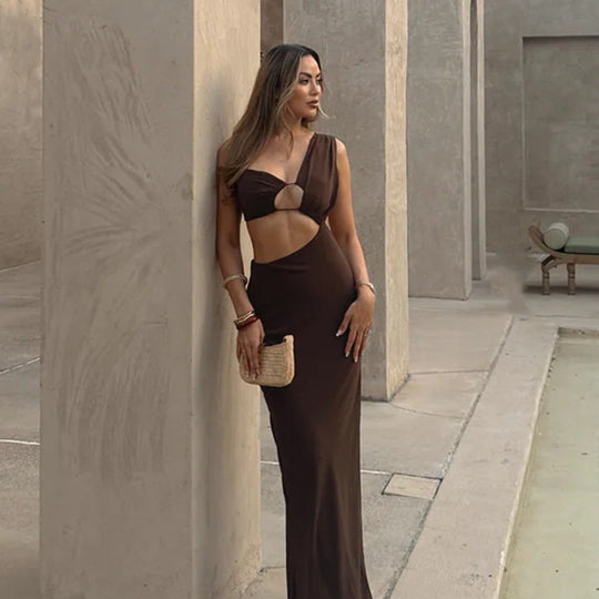 Damen Figurbetontes Maxikleid mit asymmetrischem Schnitt und Cut-Out-Details EB