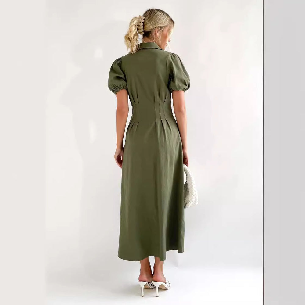 Damen Knielanges Hemdkleid mit Puffärmeln und Knopfverschluss EB