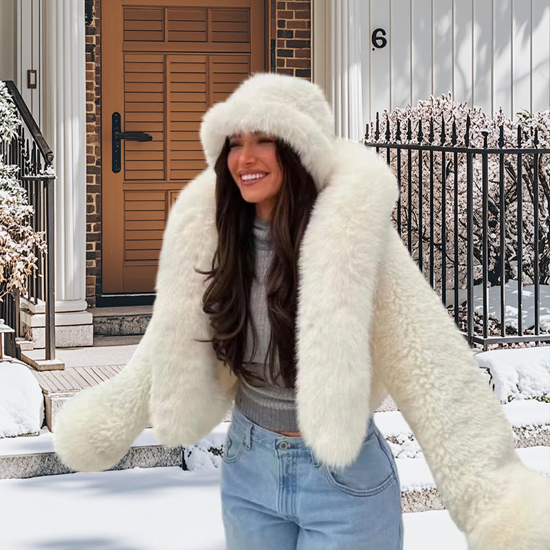 Damen luxuriöse Kunstpelzjacke mit voluminösen Ärmeln EB