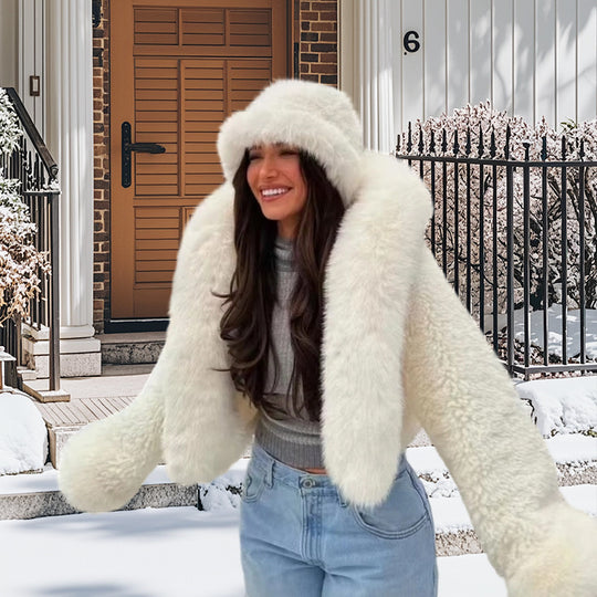 Damen luxuriöse Kunstpelzjacke mit voluminösen Ärmeln EB