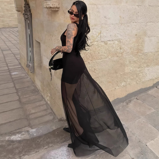 Damen Elegantes Maxi-Kleid mit transparentem Chiffon-Überwurf und figurbetontem Inneren EB