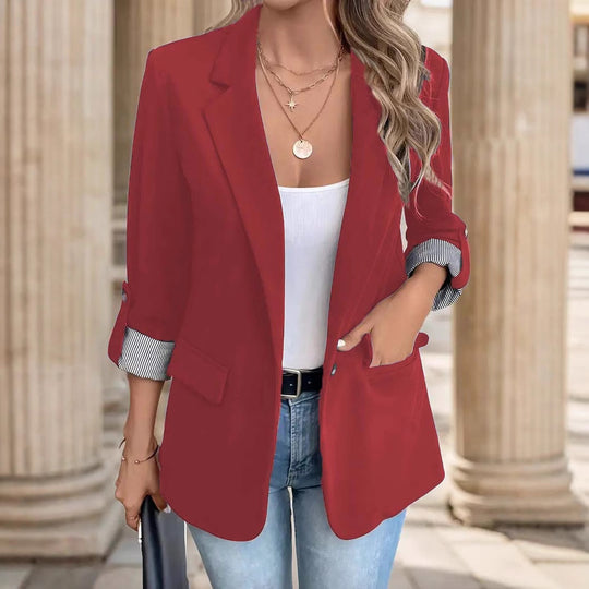 Damen eleganter Blazer mit gestreiftem Futter und stilvollen Taschen EB
