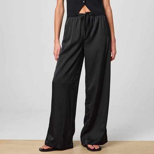 Damen Elegante Weite Satin-Hose mit hochgezogenem Bund und Bindegürtel EB
