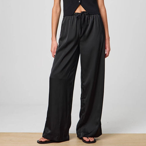 Damen Elegante Weite Satin-Hose mit hochgezogenem Bund und Bindegürtel EB