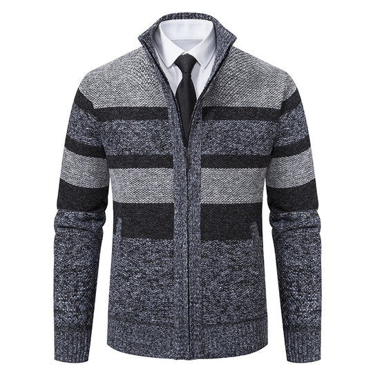 Herren Strickjacke mit Stehkragen und modernem Streifenmuster EB