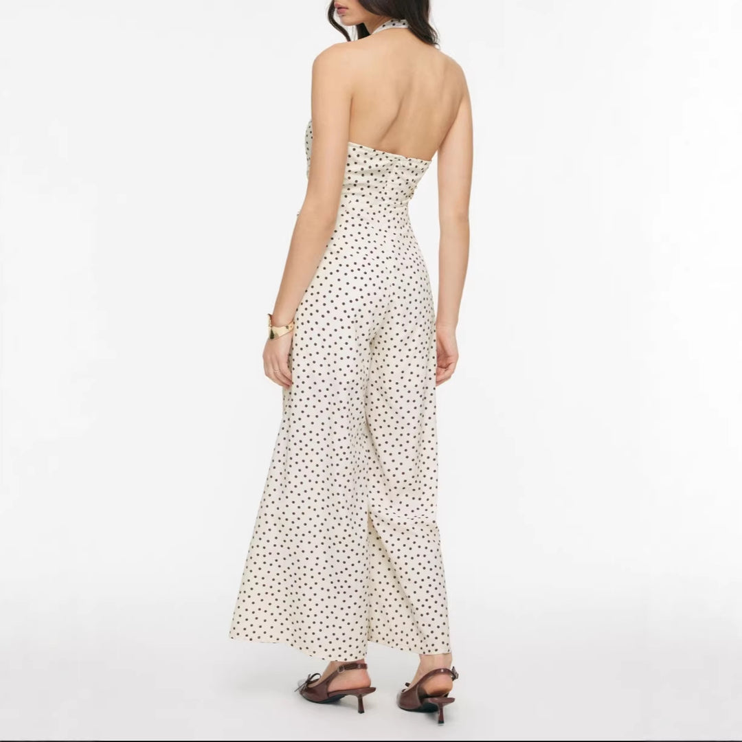 Damen eleganter Jumpsuit mit tiefem Ausschnitt und schwingendem Bein EB