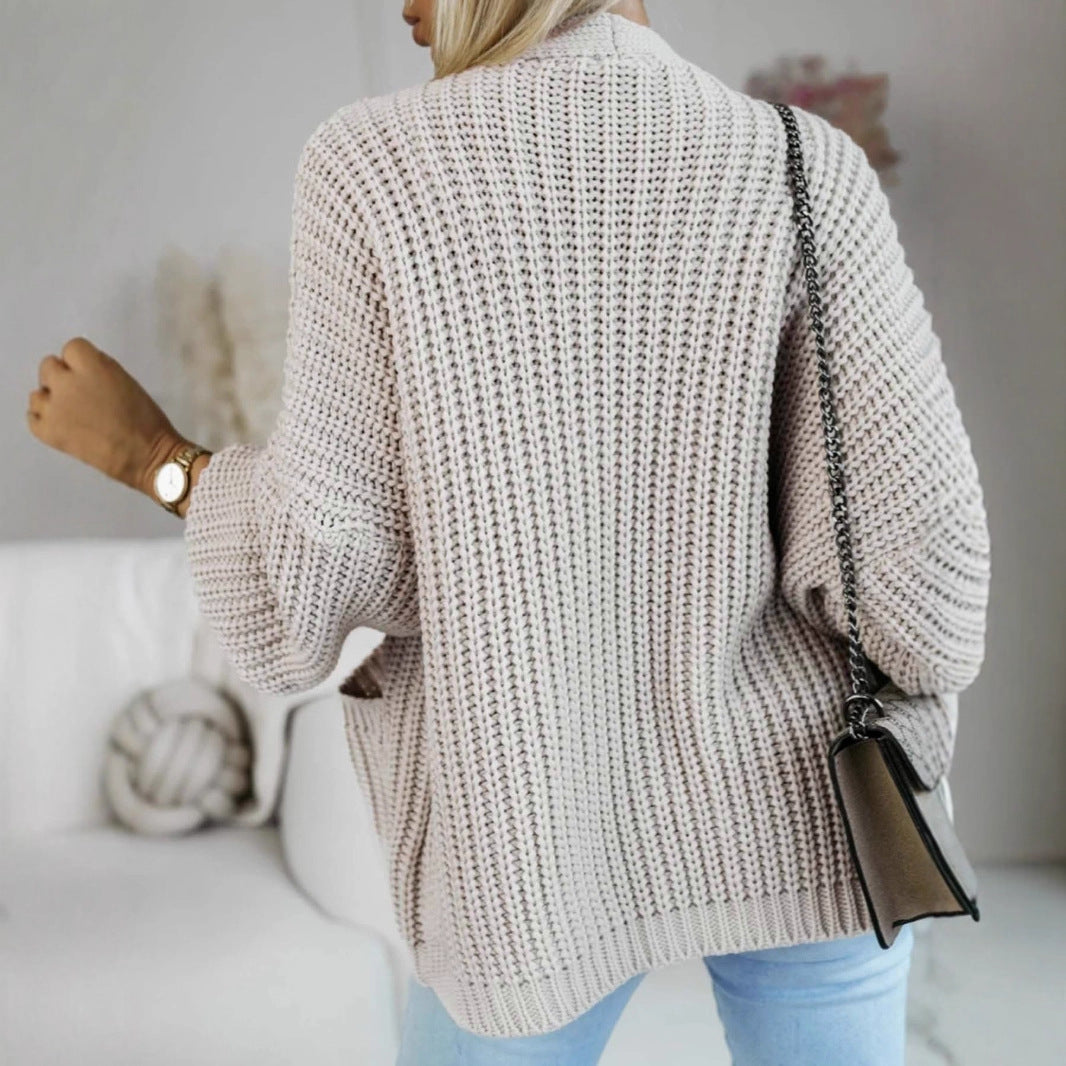 Damen lässige Strickjacke mit großen Taschen und lockerer Passform EB