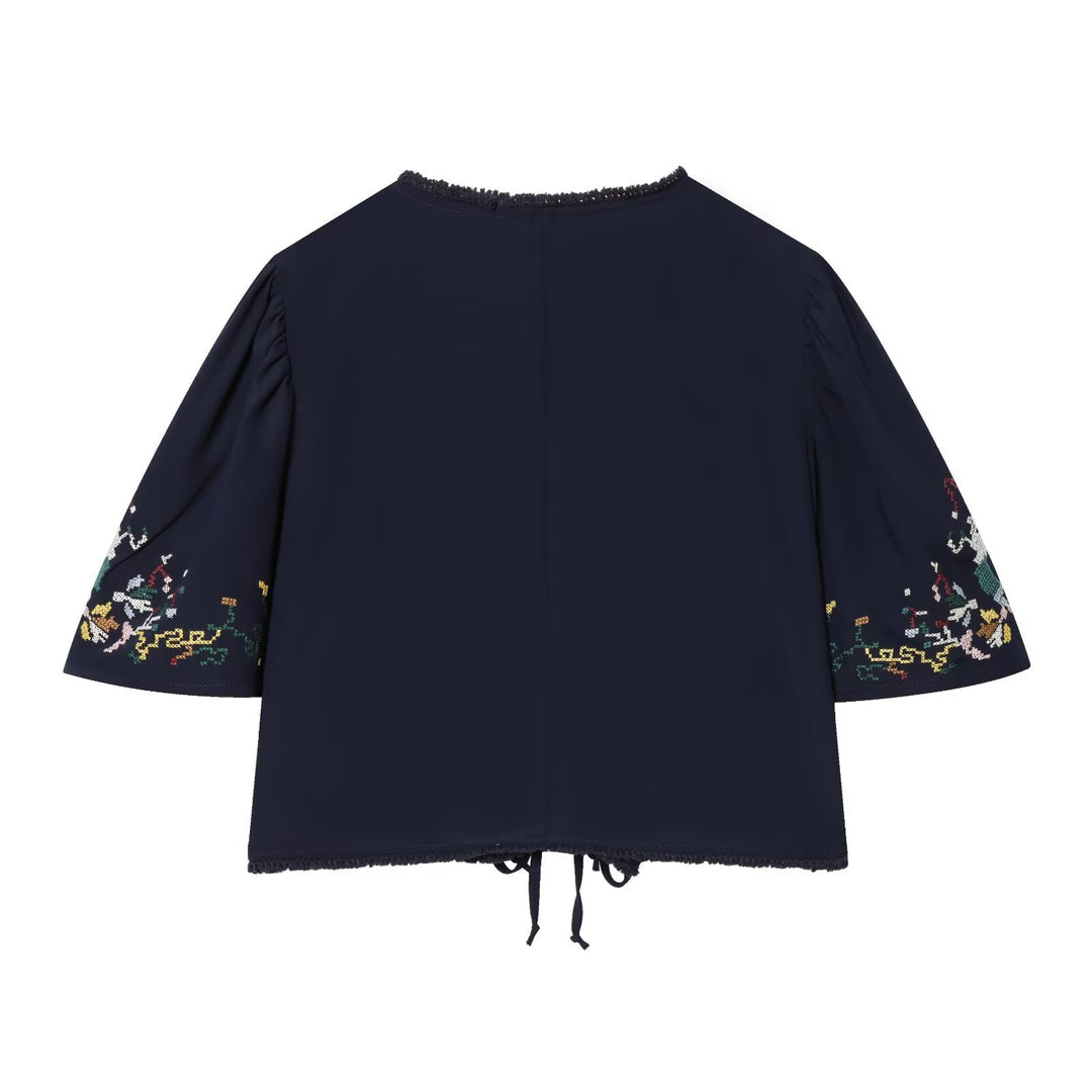 Damen Kurzblusenkimono mit kunstvollem Stickmuster und Taillenschnürung EB