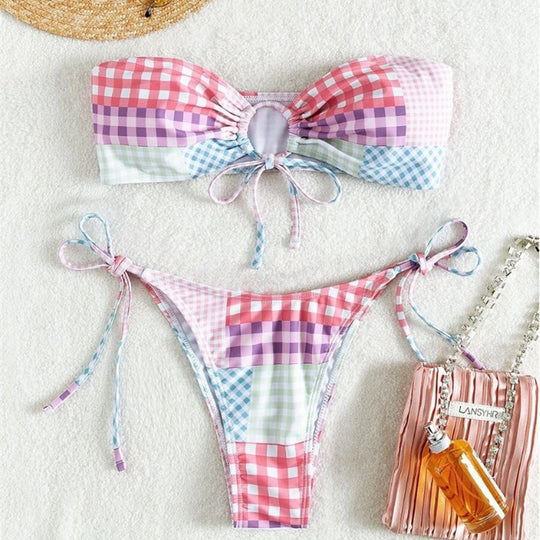 Damen Bikini-Set mit verspieltem Karomuster und verstellbaren Bindebändern EB