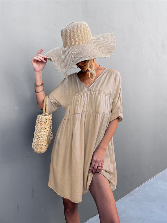Damen lässiges V-Ausschnitt Sommerkleid mit taillierter Passform und leichtem Stoff EB