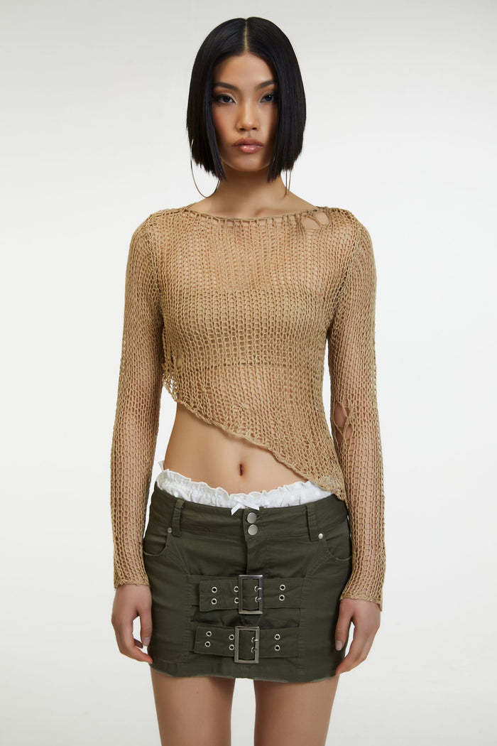 Damen luftiges Strickoberteil mit fransigen Details und asymmetrischem Schnitt EB