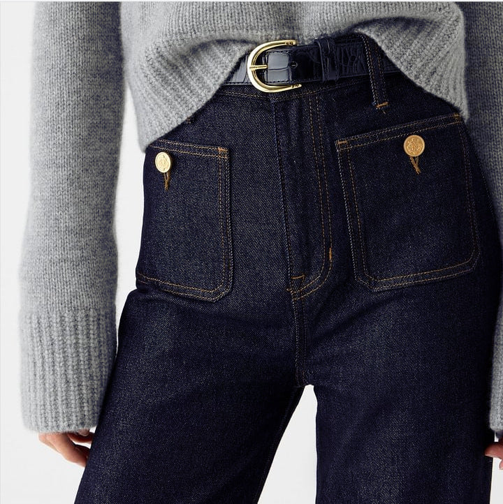 Damen nan High-Waist Wide-Leg-Jeans mit aufgesetzten Fronttaschen und weitem Bein EB