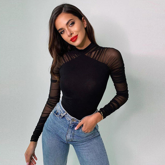 Damen Body mit transparenten Ärmeln und modernem Stehkragen EB