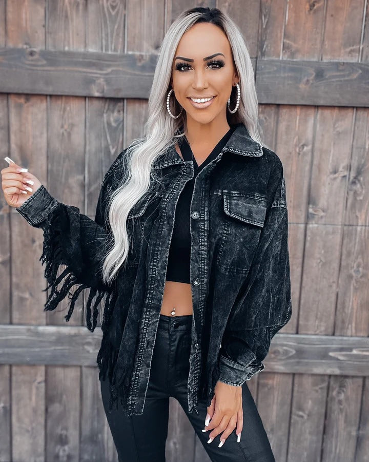 Damen Fransen-Jacke aus Denim im lässigen Oversize-Schnitt EB
