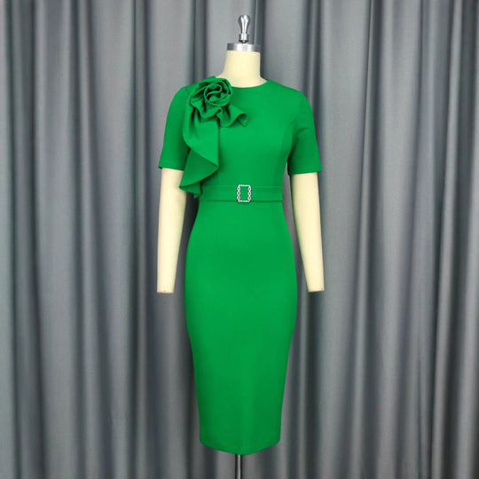 Damen figurbetontes Kleid mit floralem Rüschendetail und Taillengürtel EB