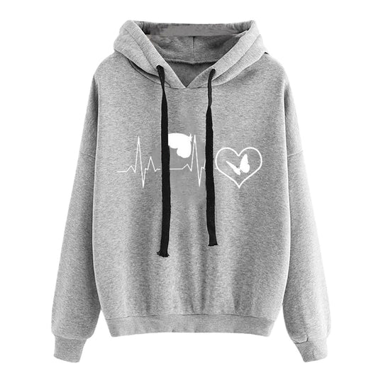 Damen nan leichter Oversize Kapuzenpullover mit Herz‑EKG‑Motiv, langen Kordeln und elastischem Bund EB