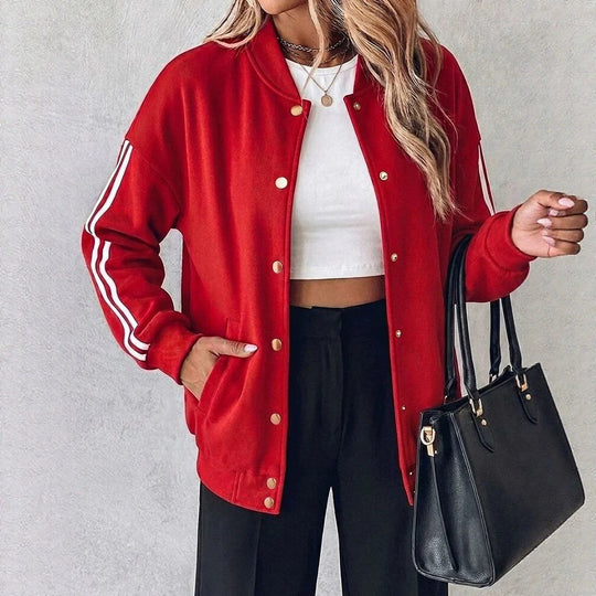 Damen Oversized Collegejacke mit Druckknopfleiste und kontrastierenden Streifenärmeln EB
