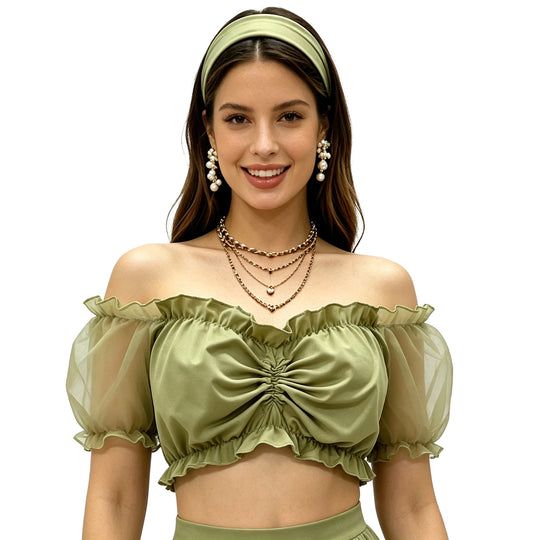 Damen nan gerafftes Crop Top mit Carmenausschnitt und transparenten Organzaärmeln EB
