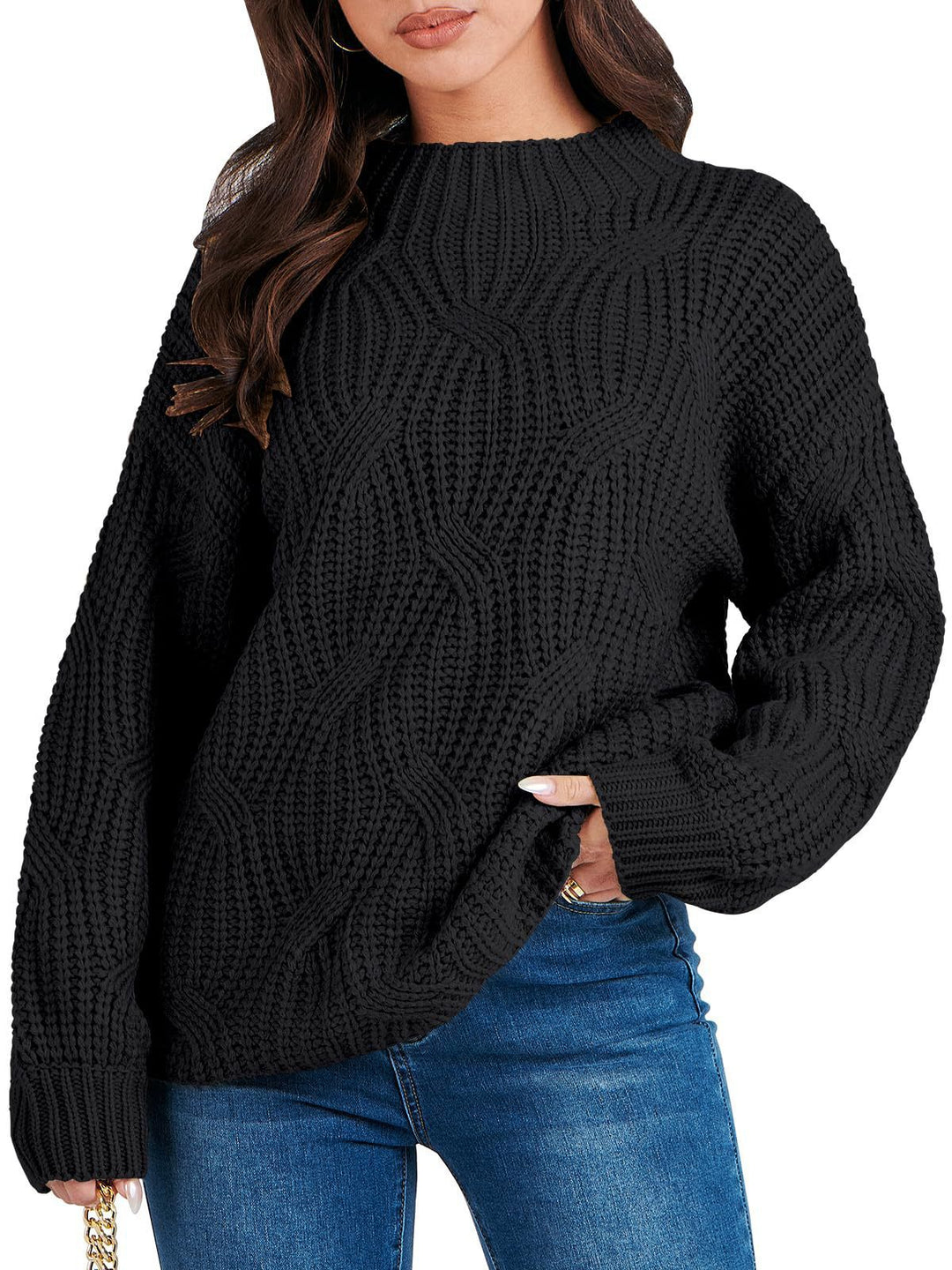 Damen Grobstrickpullover mit extravagantem Wellenmuster und hohem Kragen EB