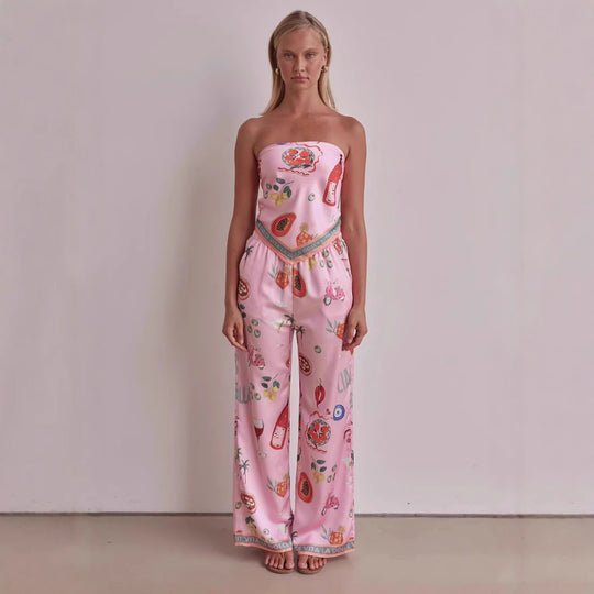 Damen Jumpsuit mit verspielten tropischen Mustern und elastischem Oberteil EB