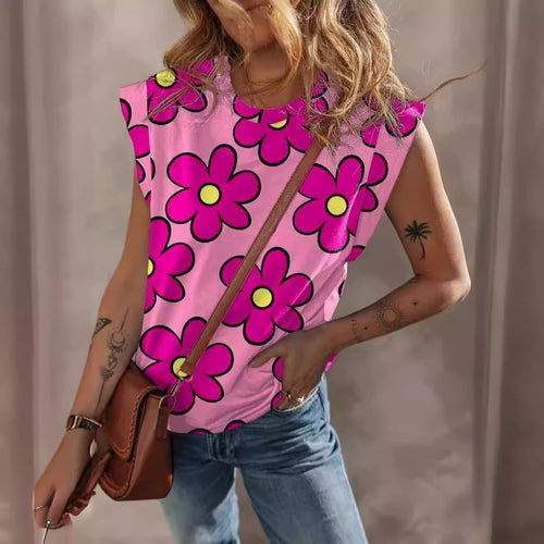 Damen lässiges T-Shirt mit lebhaftem Blumenmuster und voluminösen Ärmeln EB