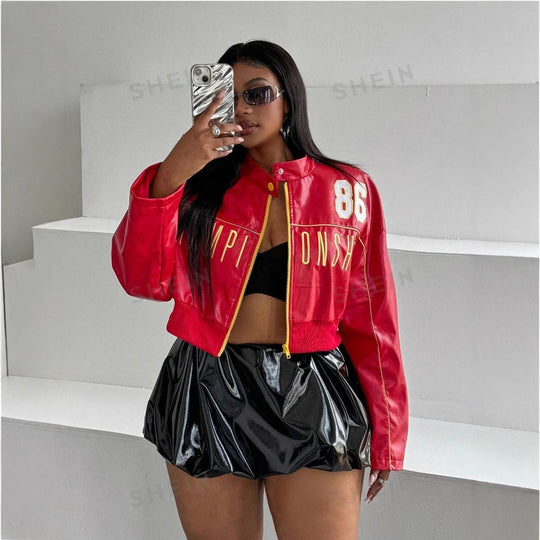 Damen cropped Kunstlederjacke mit sportiven Details EB