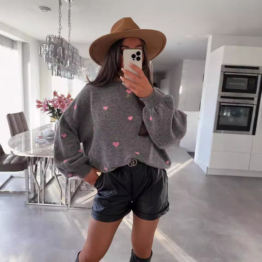 Damen lässiger Strickpullover mit herzförmigen Mustern und angeschnittenen Ärmeln EB