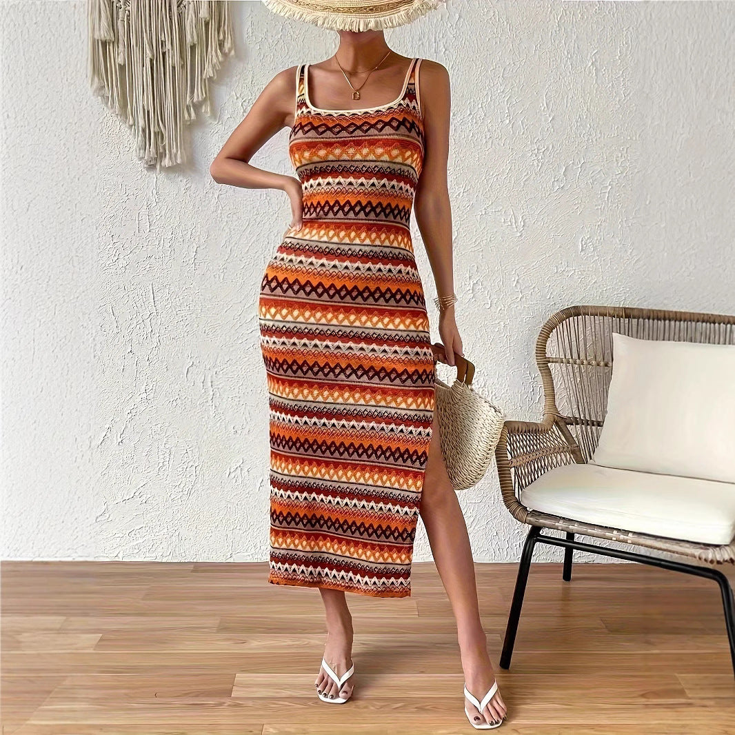 Damen Maxikleid mit geometrischem Muster und seitlichem Schlitz EB
