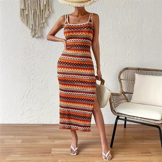 Damen Maxikleid mit geometrischem Muster und seitlichem Schlitz EB