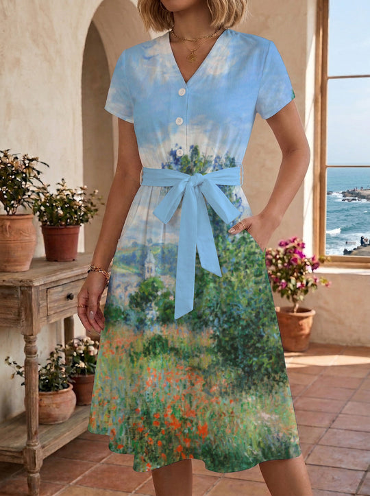 Damen Blühendes Midikleid mit taillierbarem Gürtel und kunstvollem Print EB