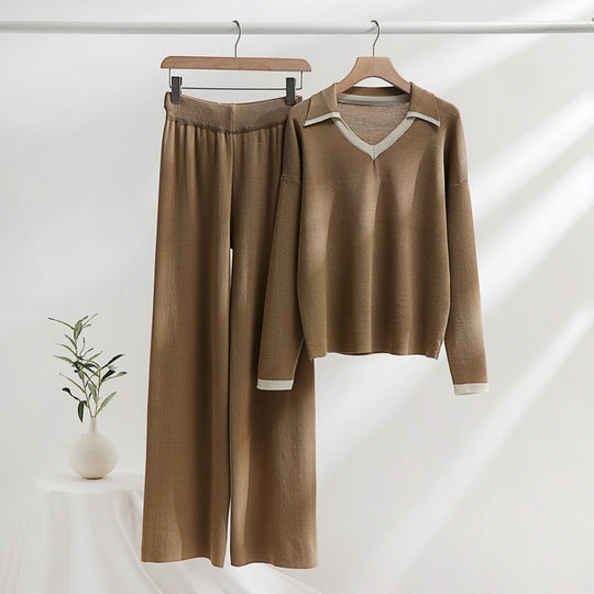 Damen gemütliches Strick-Loungewear-Set mit kontrastierendem Kragen und weitem Bein EB