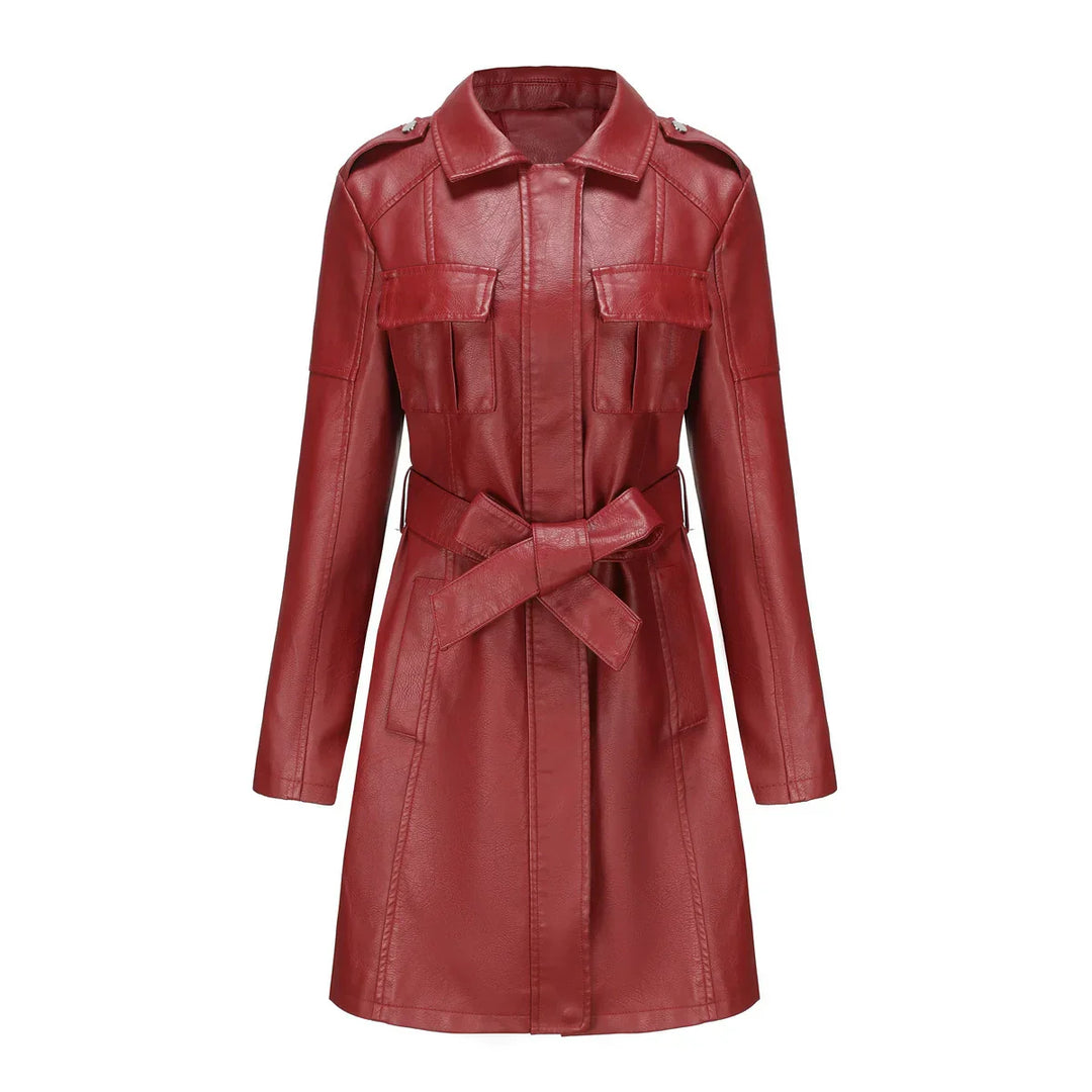 EB | Schicke Lange Damen PU-Lederjacke mit Taschen