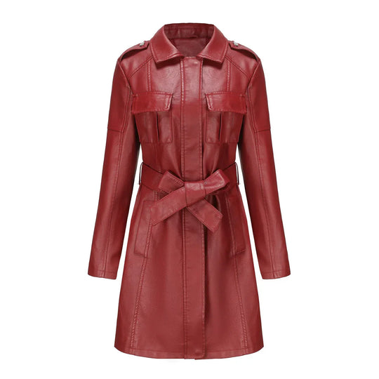 EB | Schicke Lange Damen PU-Lederjacke mit Taschen