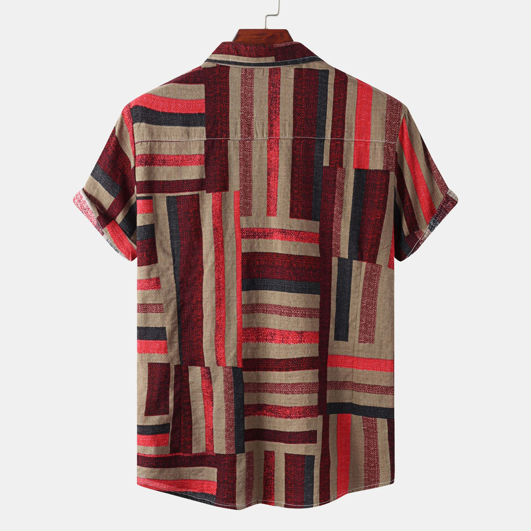 Herren Kurzarmhemd mit kreativem Patchwork-Muster und lockerer Passform EB