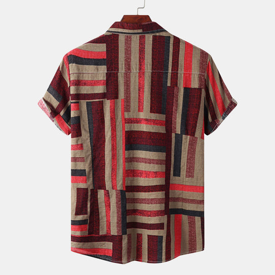 Herren Kurzarmhemd mit kreativem Patchwork-Muster und lockerer Passform EB