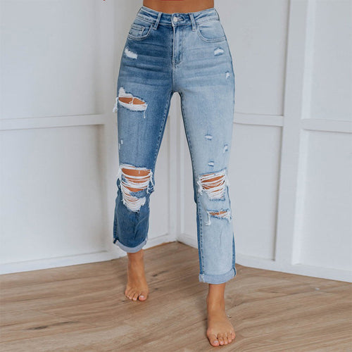 Damen Hoch geschnittene Destroyed Jeans im lässigen Vintage-Stil EB