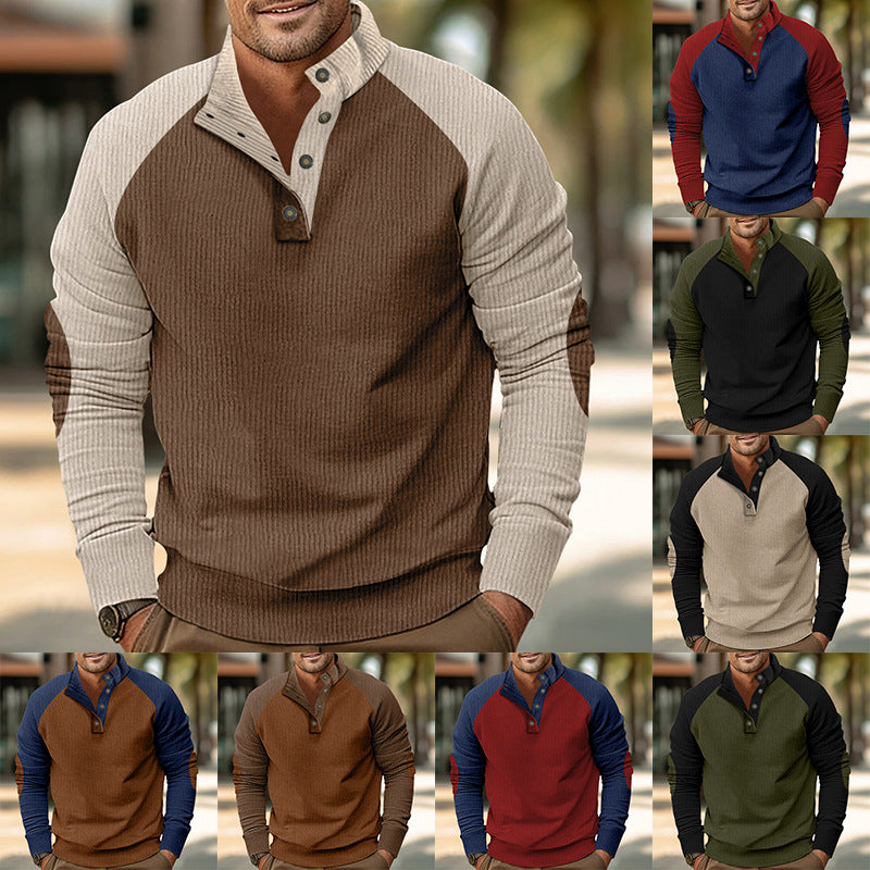 Herren Warmer Waffelstruktur-Henleypullover mit Kontrast-Raglanärmeln & Stehkragen EB