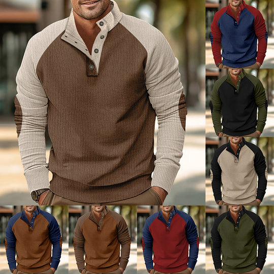 Herren Warmer Waffelstruktur-Henleypullover mit Kontrast-Raglanärmeln & Stehkragen EB