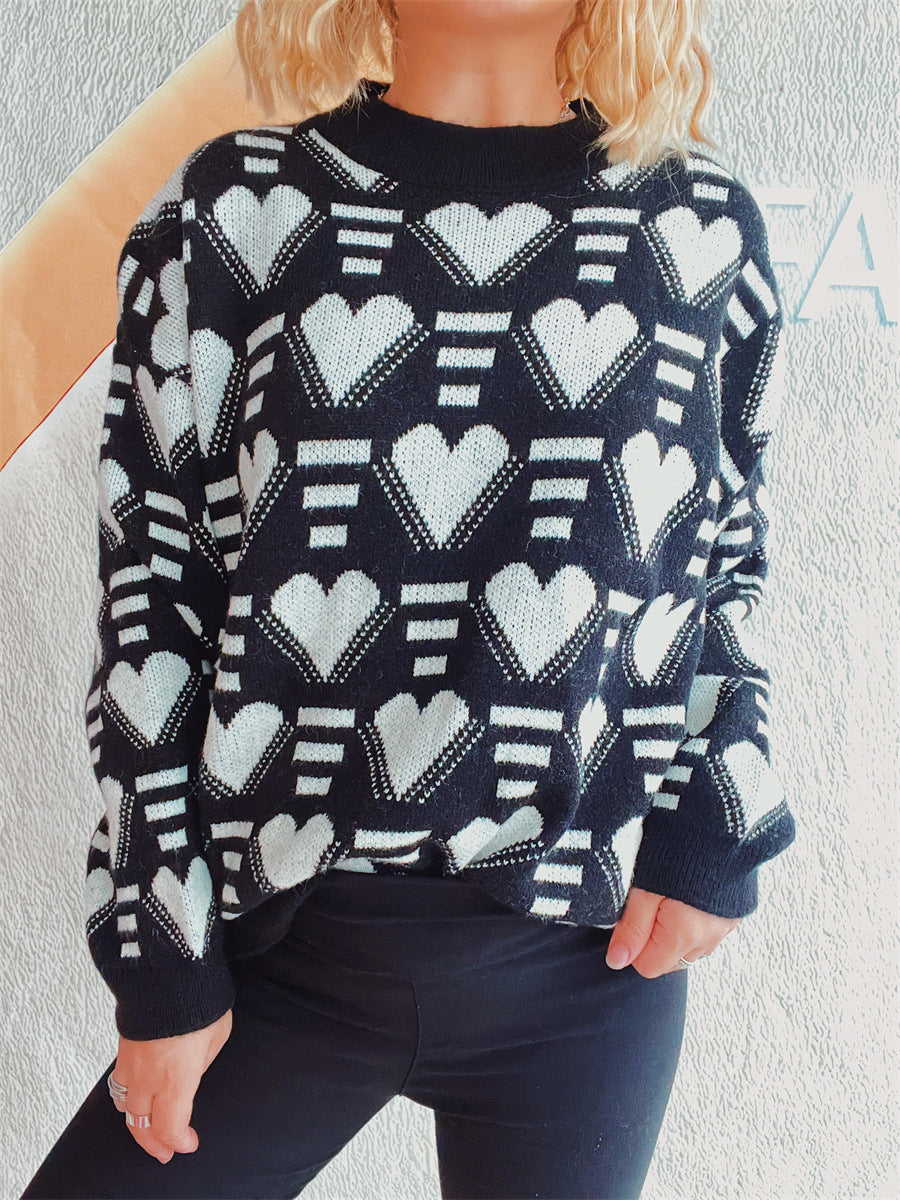 Damen gestrickter Pullover im modernen Herzdesign mit weitem Schnitt EB