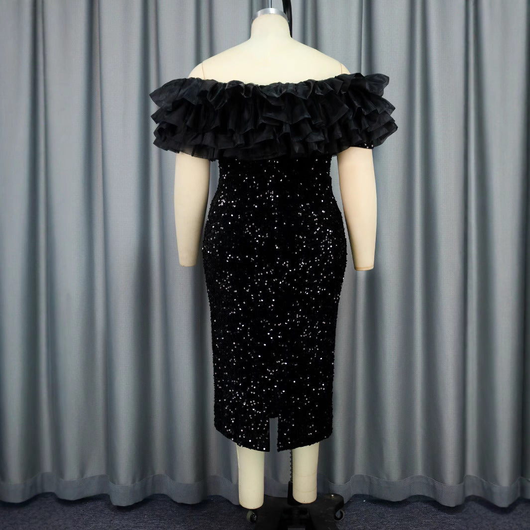 Damen Elegantes Abendkleid mit voluminösen Rüschen und funkelnden Pailletten EB