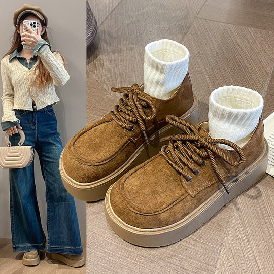 Damen modische Plateau-Schnürschuhe mit weichem Obermaterial und robustem Profil EB