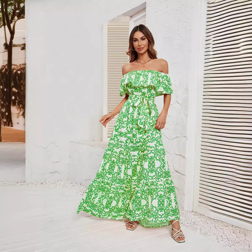 Damen Maxikleid mit schulterfreiem Design, frischem Blätterdruck und elastischer Taillierung EB