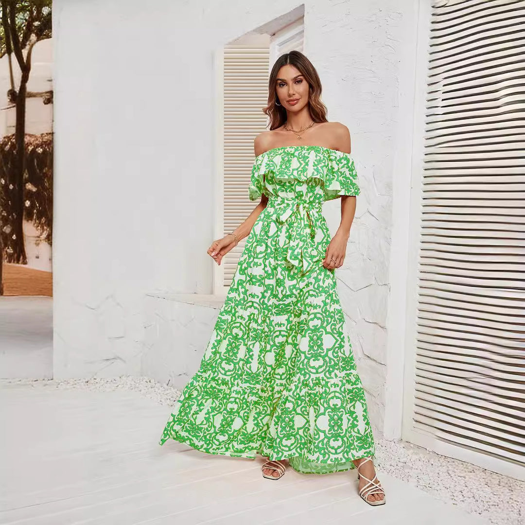 Damen Maxikleid mit schulterfreiem Design, frischem Blätterdruck und elastischer Taillierung EB